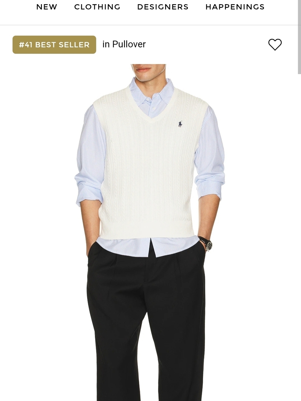 Polo by Ralph Lauren Cream Cotton Cable-Knit V-Neck Sweater Vest with Navy Pony